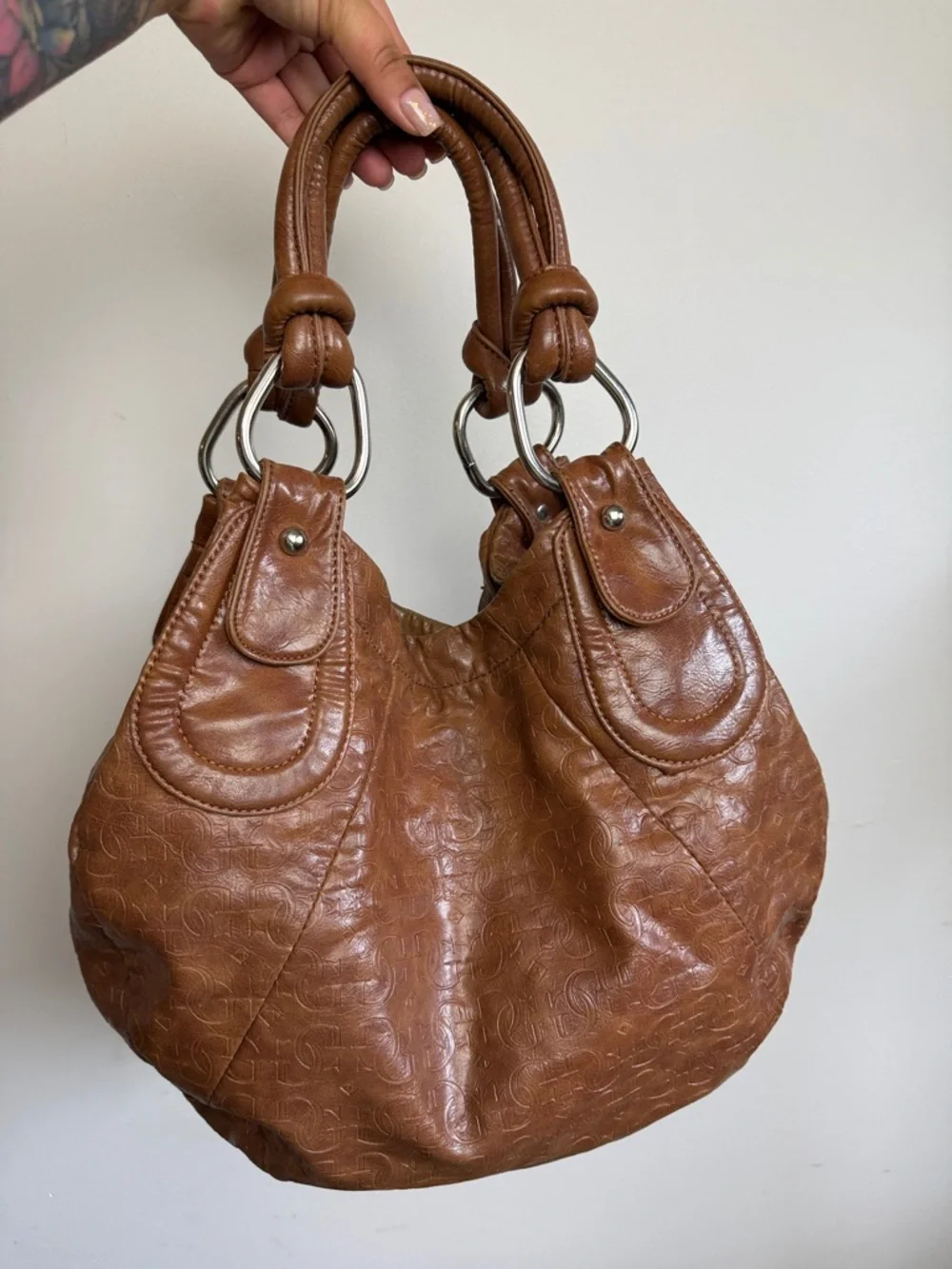 GUESS Vintage Brown Leather Hobo Bag Monogram Logo Y2K Shoulder Bag - Picture 4 of 14
